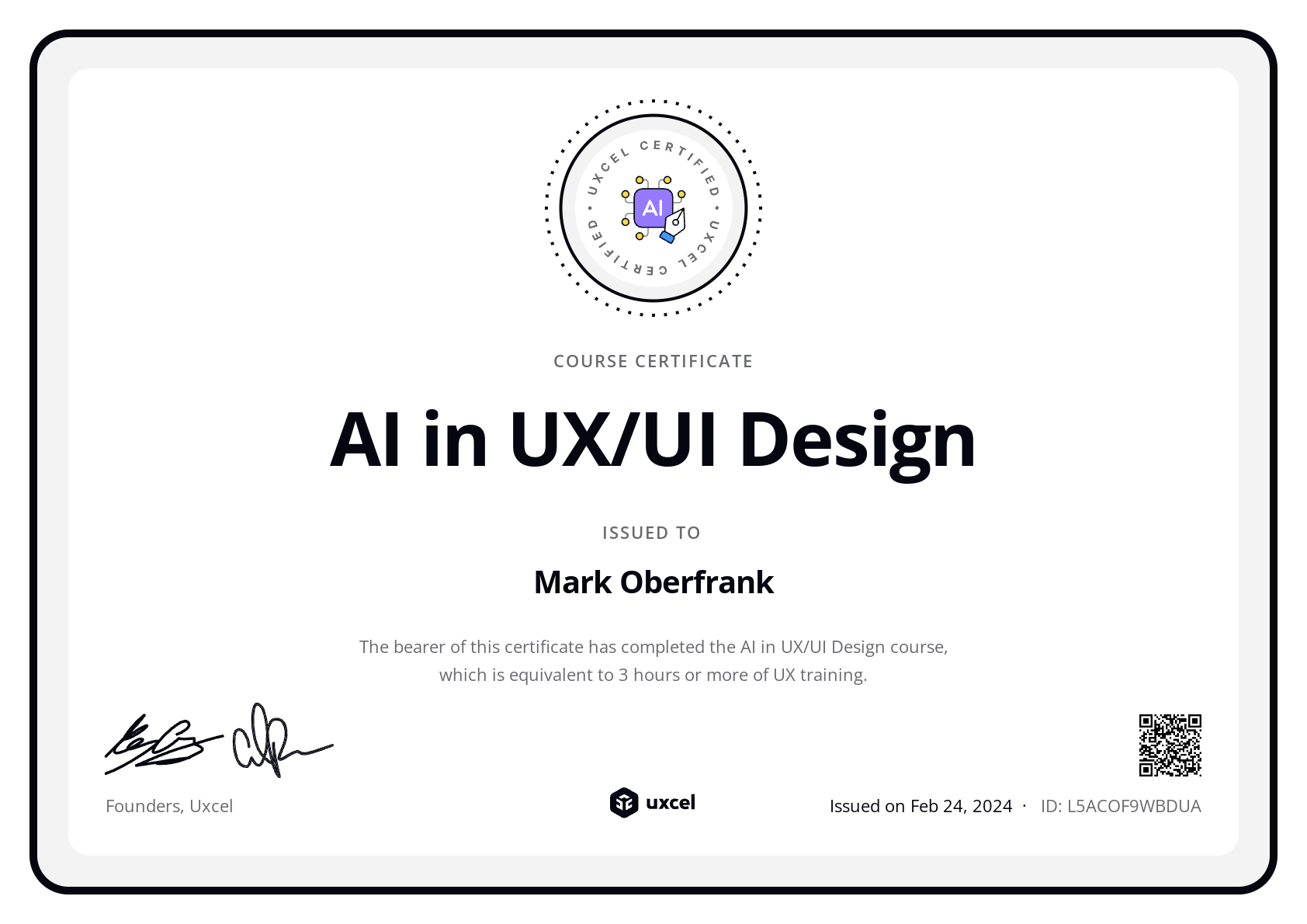 Mark Oberfrank's certificate